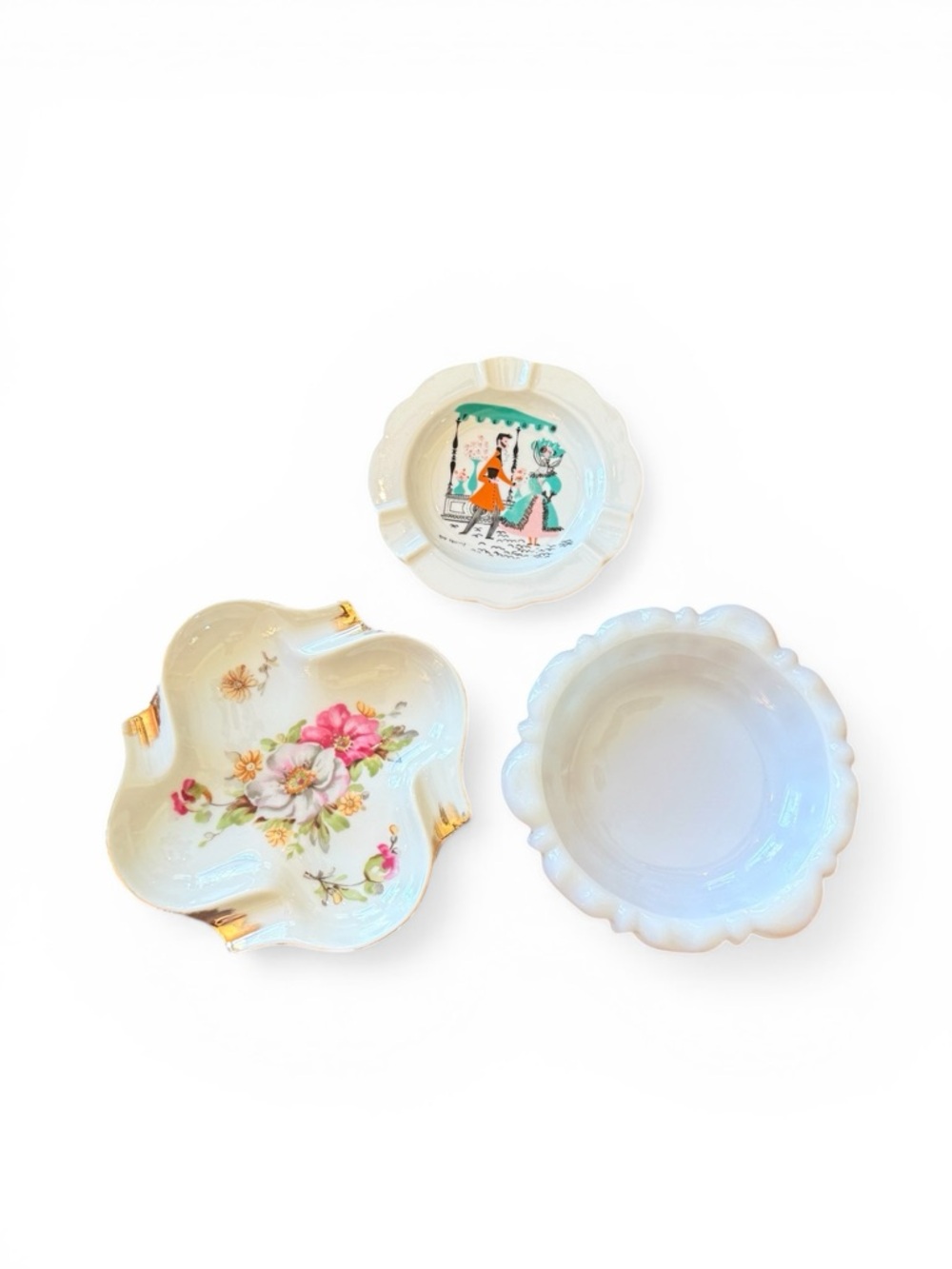 Vintage Limoges, Anchor Hocking Milk Glass & Porcelain Ashtray Bundle